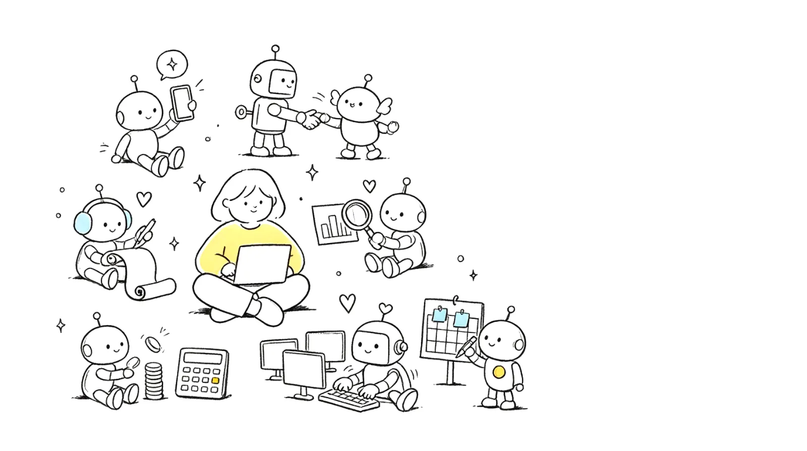 A hand-drawn doodle of one person with a laptop surrounded by seven small robots, each busy with a job